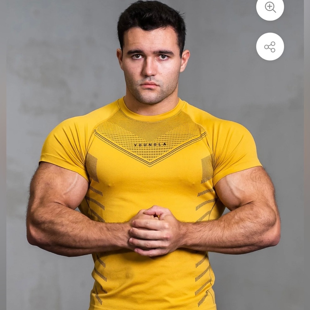 SOLD - NWT YoungLA SUPERHERO COMPRESSION TEE, yellow, size small (S).